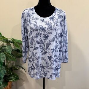 J. Jill Light Blue Tropical Floral Linen Blend 3/4 Sleeve Sweater